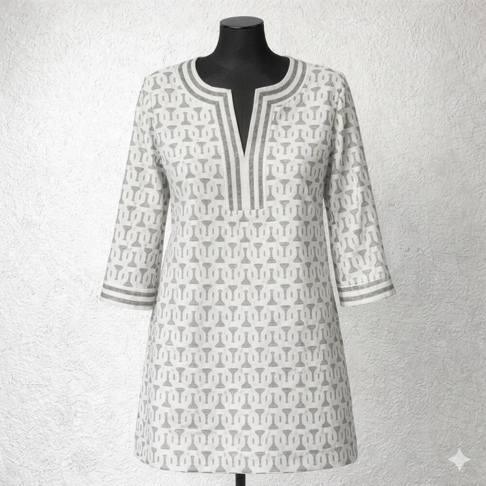 Gretchen Scott Geometric Jersey Dress XL Gray 3/4 Sleeve Travel Coastal Preppy